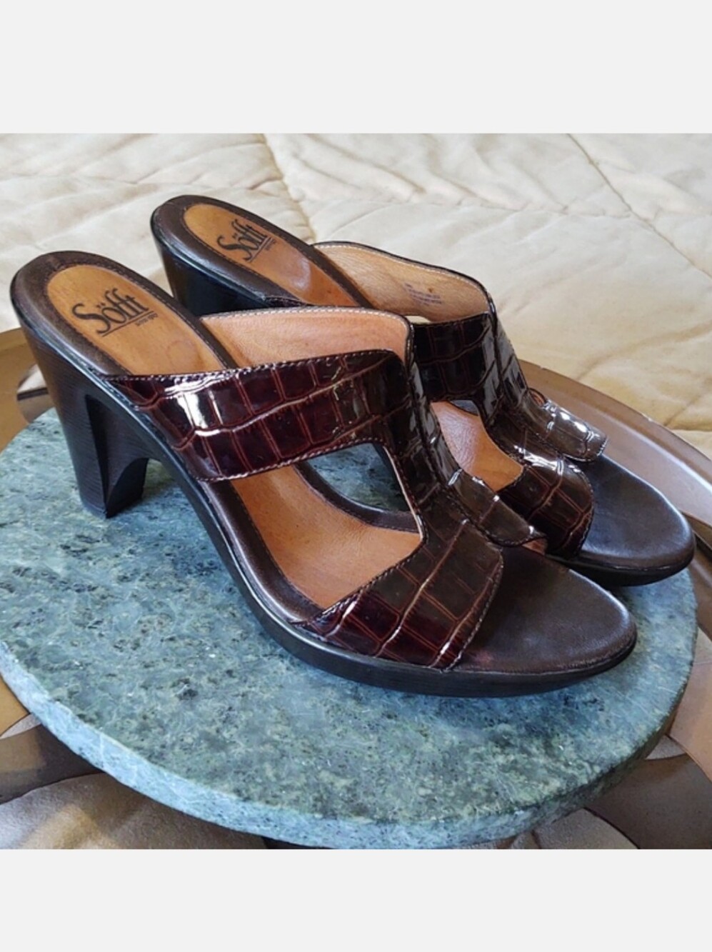 Sofft Patent Leather Mule Heels Brown 9